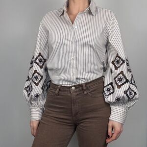 Chico’s Striped Embroidered Balloon Sleeve Blouse Boho Button Front Top